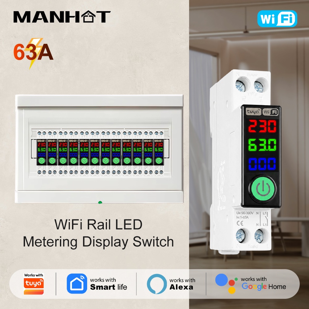 Energy Monitor Meter - Manhot WiFi-stroomonderbreker met LED-display, energiemeter, kWh-spannings-
